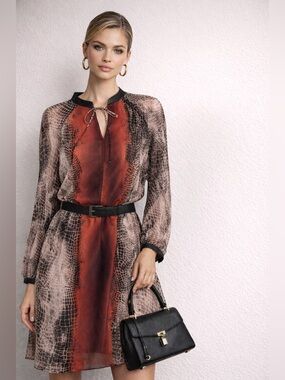 Nine West Snake-Print Long Sleeve Midi Dress in Rust and Taupe